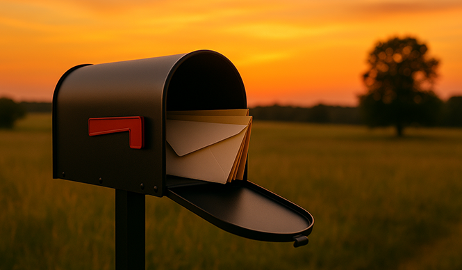 mail in mailbox at sunset on a hot summer day.